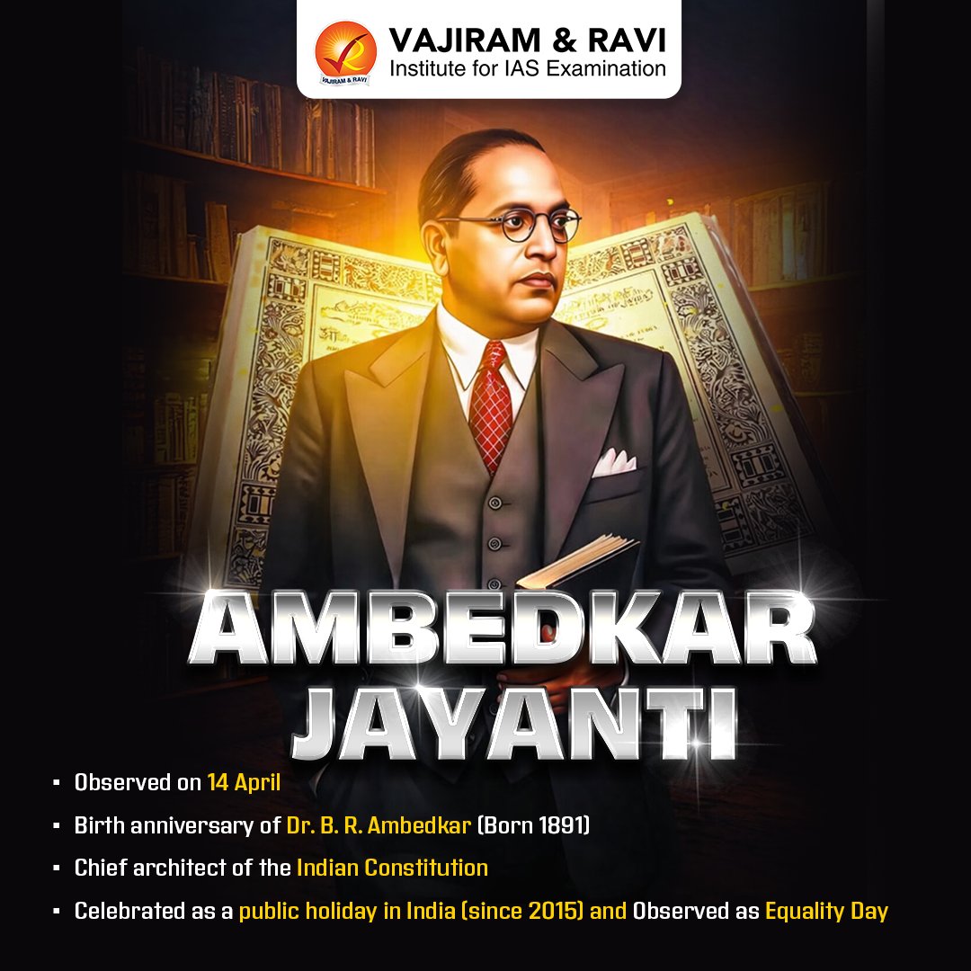VajiramRavi's tweet image. Remembering B. R. Ambedkar on his 135th birth anniversary. 🇮🇳
Chief architect of the Constitution, champion of equality, justice &amp;amp; rights. Observed as Equality Day.

#AmbedkarJayanti #BRAmbedkar #UPSC #IndianPolity #SocialJustice