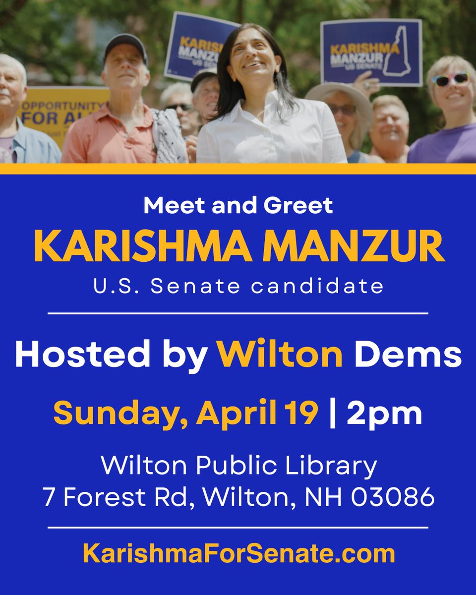 Karishma4Senate's tweet photo. WILTON‼️ We are joining your local Dems meeting THIS SUNDAY for a meet + greet featuring Karishma and other candidates! The event is located at the Wilton Public Library and will start at 2PM. Hope to see you there 😁 #nhpolitics #wiltonnh https://t.co/HPgo2cwakf
