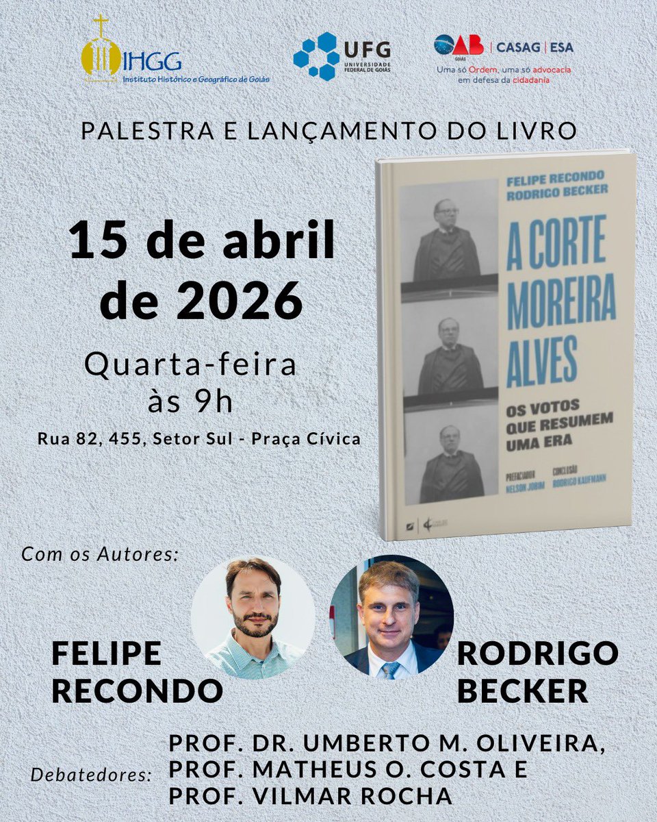 Colegas de Goiânia, estaremos na quarta-feira na cidade para o lançamento do livro sobre a Corte Moreira Alves.
Será uma oportunidade excelente de conversarmos sobre um dos gigantes da história do STF.
Estão todos convidados. 😃
