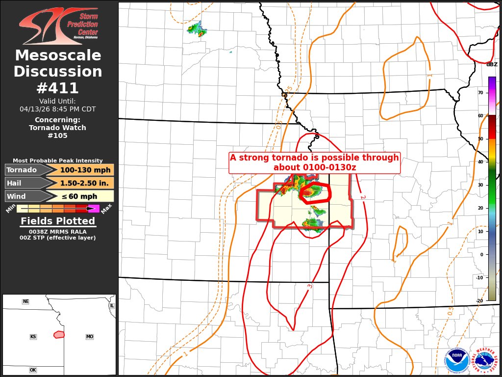 NWSSPC's tweet image. 7:41pm CDT #SPC_MD 0411 , #mowx #kswx, spc.noaa.gov/products/md/md…