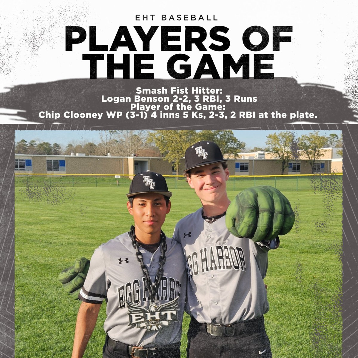 EHTHSbaseball's tweet image. Player of the Game 
Chip Clooney improves to 3-1, big day with bat, 2-3, 2 RBI. 
SMASH FIST HITTER: 
Logan Benson 2-2, 3 RBI. 3 Runs Scored.
#EHTbaseball #team42 #SEE #TWP