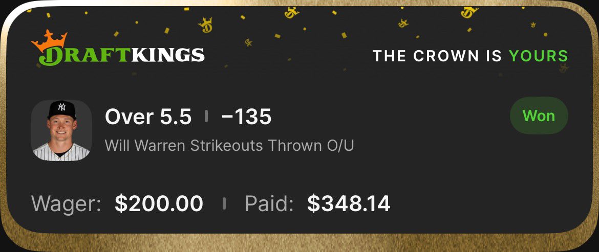 CushPlayerProps's tweet image. Will Warren Over 5.5 Ks✅

Play of the day BANG!💰

❤️Who tailed? 

#draftkings