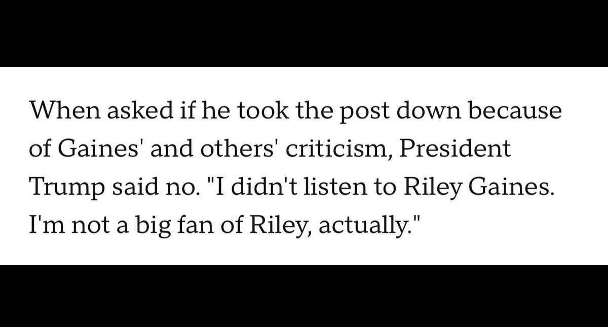 This has to be one of the most humbling moments in human history. 

After shilling for Trump, and pretending like he is a pro-woman President for years, it turns out he doesnt even like you <a href="/Riley_Gaines_/">Riley Gaines</a> . 

How’s that? You say one negative thing about him in 10 years and he