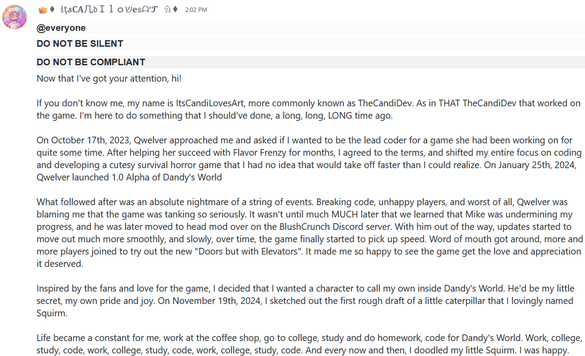 ShiondaMelusine's tweet photo. Attention #roblox players and players of #dandysworld

One of the former Dandy's World devs, itsCandiLovesArt, has broken her silence and has come forth, exposing @/qwel_official as a thief, liar, and a fraud. Her entire document has been posted below before Qwel and her team- https://t.co/MSrK7GyPVi