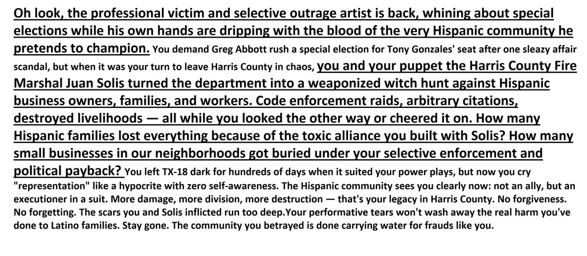 Luzbel2040's tweet photo. @CDMenefee @GregAbbott_TX DELENDA EST CHRISTIAN MENEFEE.
#MenefeeHypocrite #TraitorToHispanics #MenefeeAndSolisWitchHunt #HarrisCountyCorruption #HispanicCommunityBetrayed #NoForgivenessNoForgetting #ScorchedEarth #DelendaEstMenefee #TexasPolitics #AbbottWasRight https://t.co/Rojjs4O3tu