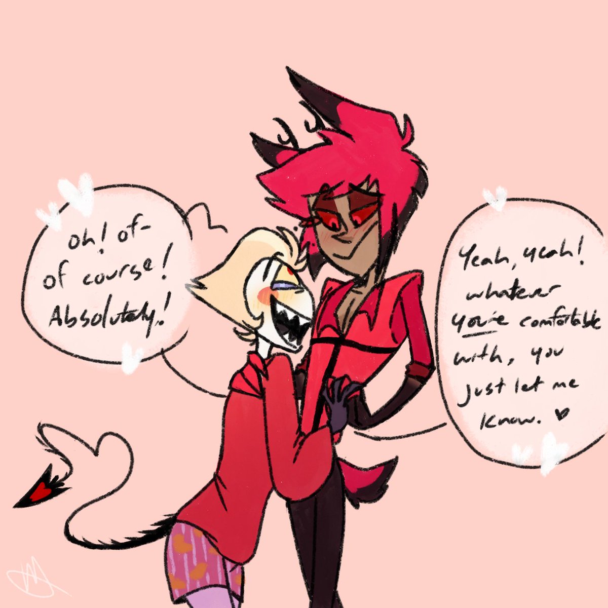 vandalizedvixen's tweet image. #AceAlastorWeek2026 late. day 4!! 
beautiful boundaries!! really stretchin out my multishipper wings for this week hehe. can u tell ive never drawn luci before.. hes too long i think :/
#A2V #radioapple