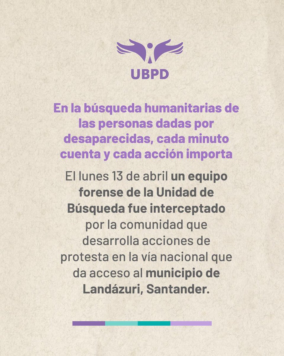 UBPDcolombia's tweet photo. 📰 #ComunicadoUBPD |
El equipo forense de la Unidad de Búsqueda fue interceptado por miembros de la comunidad en la vía nacional que conduce a Landázuri, Santander, mientras adelantaba una misión humanitaria para la recuperación de cuerpos de personas dadas por desaparecidas. 👇 https://t.co/tKLIE2rRpD