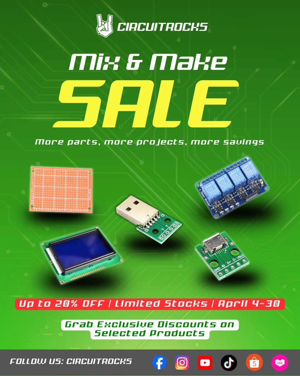 circuitrocks's tweet image. Mix, match, and make more with the Circuitrocks sale ⚡
Get up to 20% off on selected parts from April 4–30. More parts, more projects, more savings. Limited stocks only, so grab your picks while they last. 
#Circuitrocks #Sale #Electronics #Arduino #Maker #DIYProjects #Modules