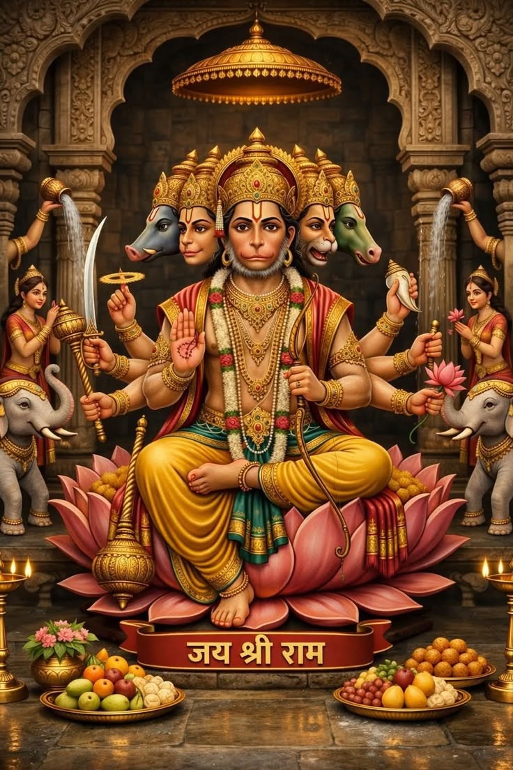 🚩✨ *जय श्री पंचमुखी हनुमान जी* ✨🚩

पाँच मुखों से सुसज्जित, अद्भुत शक्ति के प्रतीक,
भक्तों के संकट हरने वाले, महाबली वीर अनेकों के रक्षक।

पूर्व में हनुमान, पश्चिम में गरुड़ का रूप,
उत्तर में वराह, दक्षिण में नरसिंह स्वरूप।
ऊपर हयग्रीव का दिव्य प्रकाश,
पंचमुखी रूप में बसता है