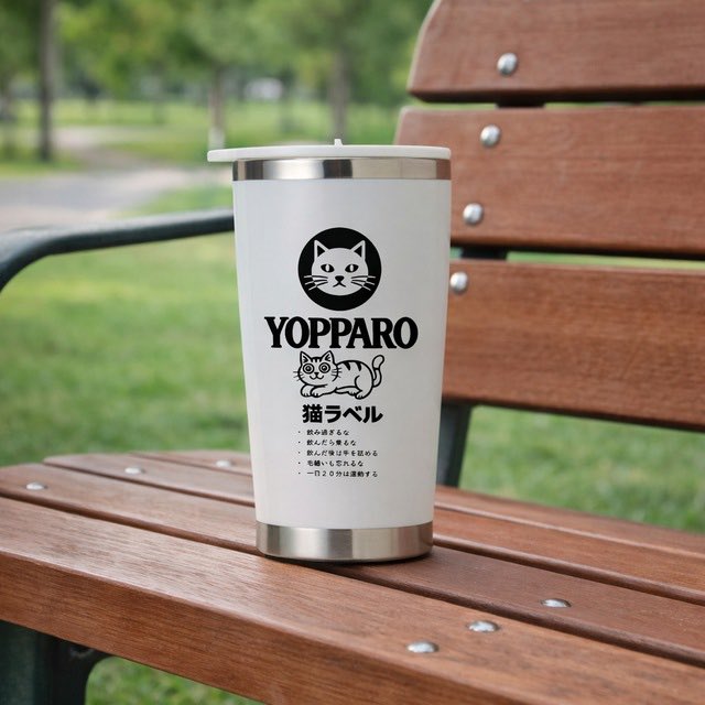 猫ラベルのタンブラーの販売を開始しました。

持ち運べるので職場やアウトドアなどでも使えるタンブラー。
最大容量は350mlでフタをスライドさせて飲み口を出したり隠したりできる実用的なタンブラーです。

でも以下に注意しましょうね。 
・飲み過ぎるな　・飲んだら乗るな　・飲んだ後は手を舐める