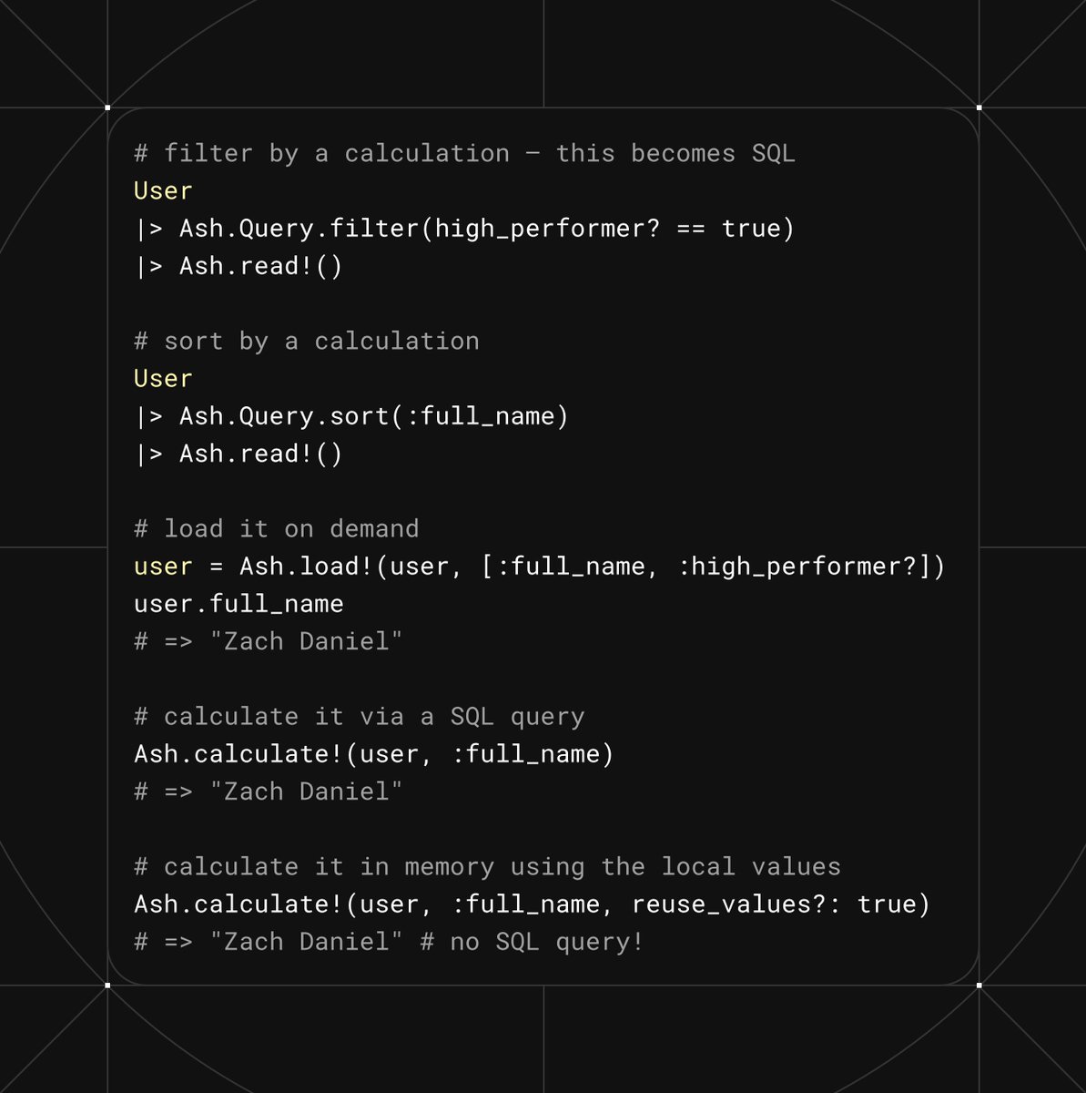 ZachSDaniel1's tweet photo. Ash expressions are extremely powerful. Expressions can be compiled to SQL. You can filter on them, sort on them, reference them in policies, and aggregate over them. They can be used in your APIs with zero extra work. Define it once, use it everywhere.
#AshFramework #ElixirLang https://t.co/72vzf1pGtH