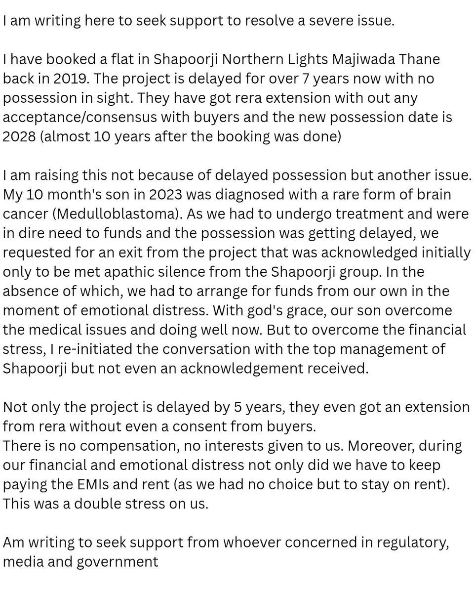 atriks01's tweet photo. Escalating this matter to the Hon’ble President of India.
My son battled with Medulloblastoma (brain tumor), and I am unable to access my life savings stuck with  Shapoorji Pallonji builders
Requesting urgent intervention 🙏
@rashtrapatibhvn 

CC: @PMOIndia @JoshiPralhad https://t.co/4uh7Xbx4vo