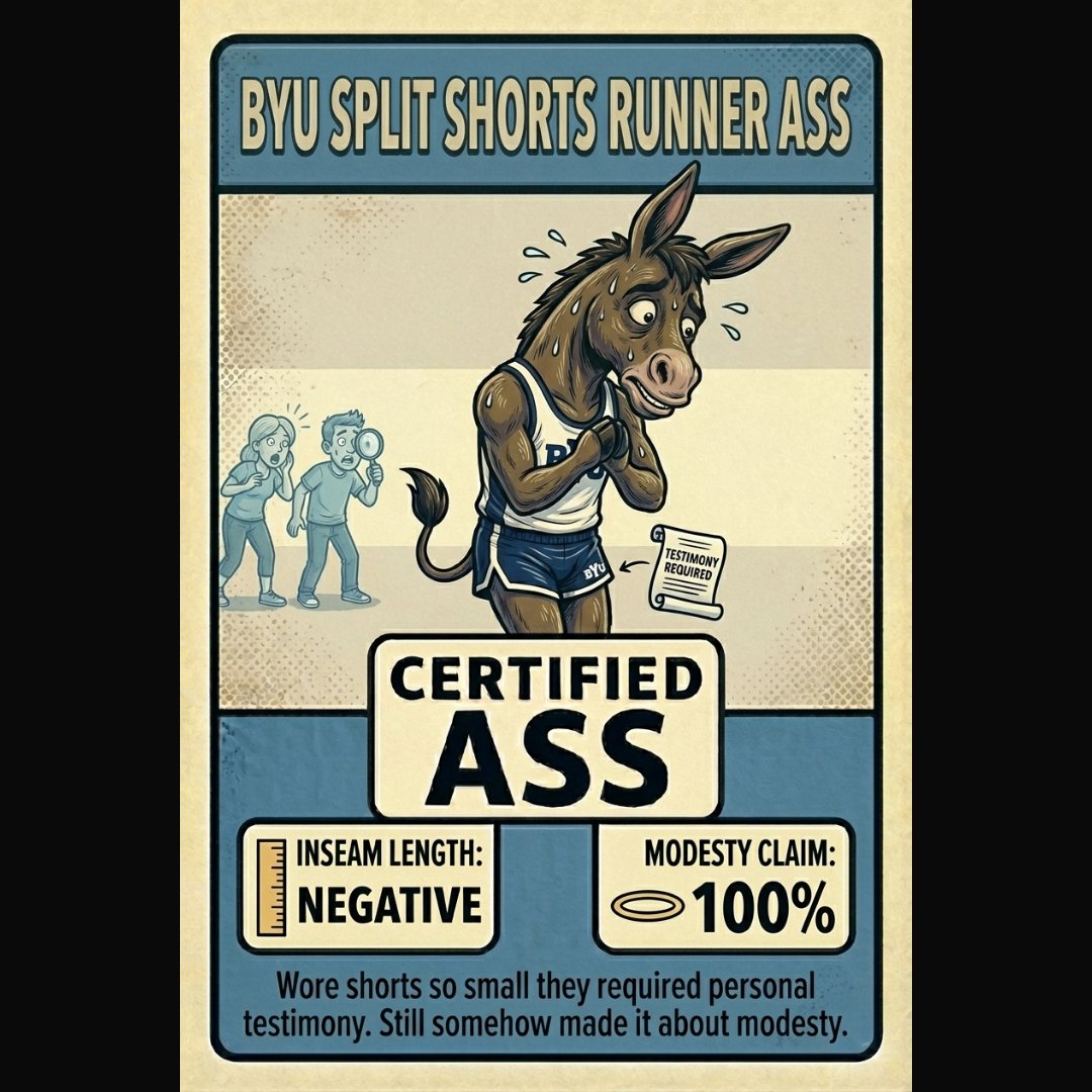 asssawards's tweet photo. You have been nominated for the BYU Split Shorts Runner Ass Award. Your commitment to wearing shorts that require personal testimony while maintaining moral authority may appear contradictory to casual observers. But if every runner ...

#AssAwards #CertifiedAss #runnerproblems https://t.co/jKmYgDjupf