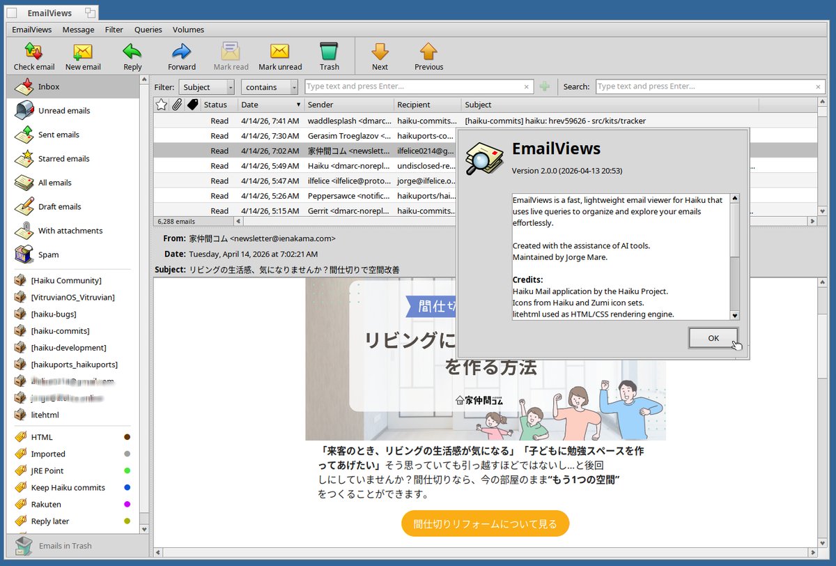 kahoruhe's tweet photo. Version 2.0 of EmailViews native email client for @haikuOS in the works. Lot's of new features: HTML preview, spam filter, email labels, remote content protection, link mismatch detection, and eml/mbox import.
#EmailViews #email #beos #haikuos #OpenSource #teaser https://t.co/nc5kpMggZp