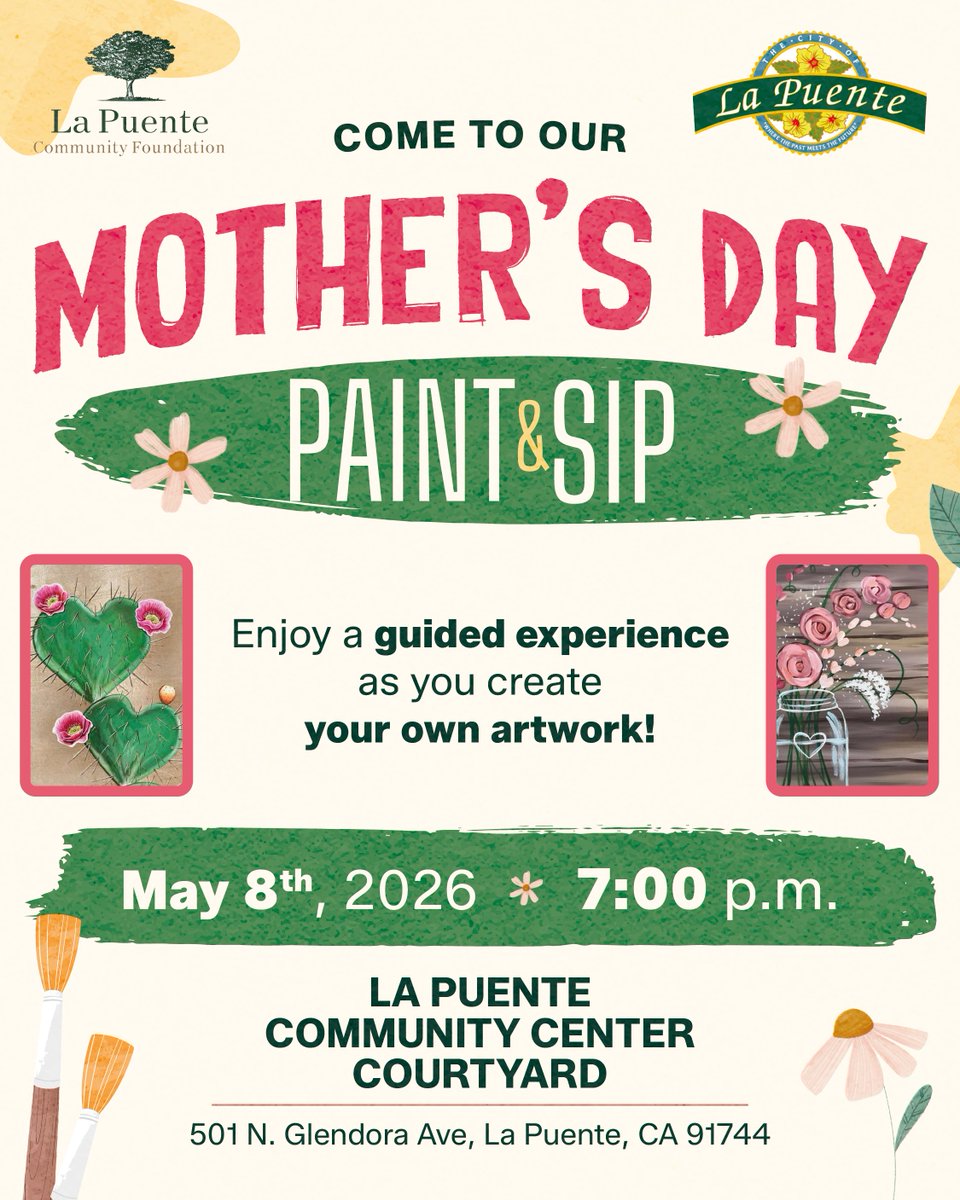 CityofLaPuente's tweet image. 🎨💐 Mother’s Day Paint &amp;amp; Sip
Create your own artwork in a fun, guided experience. ✨

📅 May 8 | 🕖 7 PM
📍 La Puente Community Center

🎟️ Adults $30 | Kids $20
🔗 Register: square.link/u/dPNNTVx8

#LaPuente #MothersDay #PaintAndSip #Community