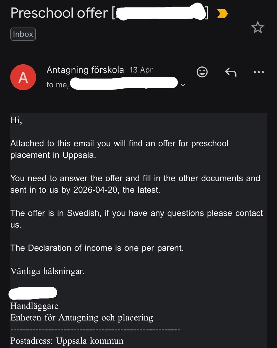 primawansatrio's tweet image. Nerima tawaran preschool buat anak udah kayak nerima job offer wkwk. Excited 😆 

Setelah residence card di-grant 5 jam setelah apply, kejutan berikutnya adalah dapat preschool bisa dilakukan full secara online, padahal belum sampai Sweden 🇸🇪 . 

Tahapannya: 
1. Ortu diminta