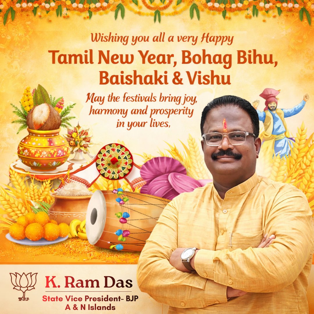 Ramdas_bjp's tweet photo. Warm greetings on Tamil New Year, Bohag Bihu, Baisakhi, and Vishu! 🚩

May the spirit of these festivals inspire us to work unitedly for the progress of our islands and the nation. Wishing you all health and prosperity.

#vishu #baisakhi #tamilnewyear #bihu https://t.co/mzQ3Sc5JrV