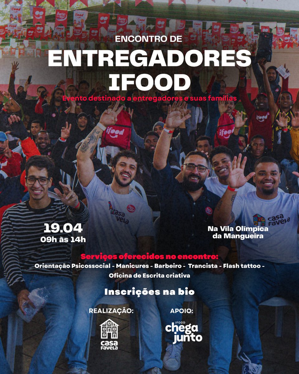 Encontro de Entregadores(as) iFood do Casa Favela 🛵💛

📅 19/04 (domingo)
📍 Vila Olímpica da Mangueira
⏰ A partir das 9h

Vai ter orientação psicossocial, barbeiro, trancista, manicure, oficina de escrita criativa, espaço kids e flash tattoo!

forms.gle/t7YK4Yaito678L…