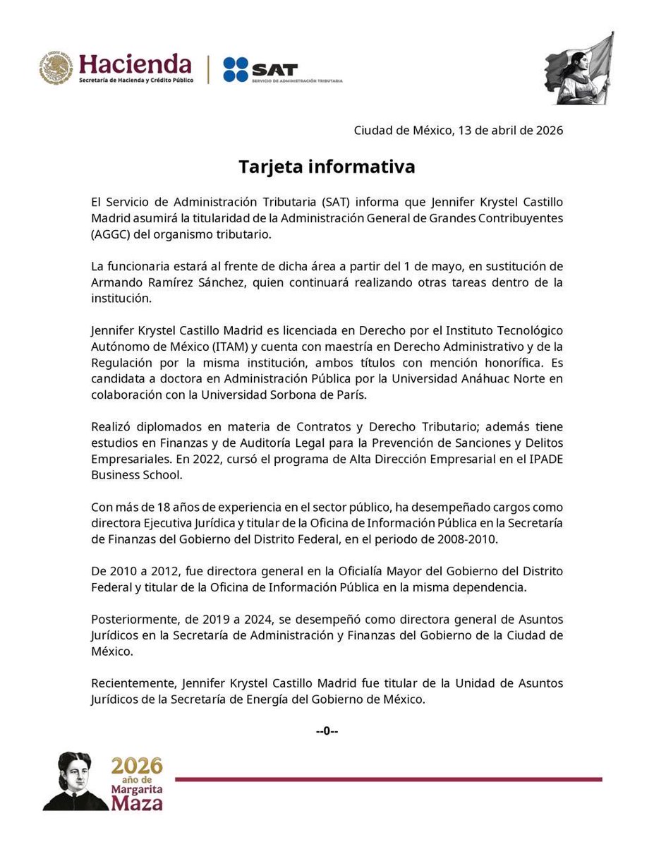 LupitaJuarezH's tweet image. 🔴 Anuncia el #SAT la designación de Jennifer Krystel Castillo Madrid como titular de la Administración General de Grandes Contribuyentes a partir del 1 de mayo, en sustitución de Armando Ramírez Sánchez.