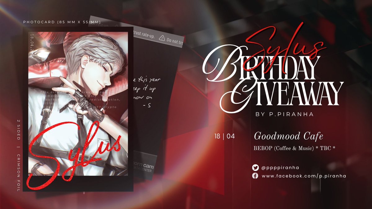 ppppiranha's tweet image. ❤️‍🔥⛓️ Sylus’s BD giveaway! .⋆♱

🗓️ SAT 18 Apr 2026 (~11.00) 
📍 Goodmood Cafe &amp;amp; Eatery 
📍 Bebop coffee &amp;amp; music *TBC* 

❌รอบไปรฯ

ฟตก. การ์ดป๋าจะมีสตอรี่เบื้องหลังนิดหน่อยนะคะ 

(ต่อในเมนชั่น ⤹)

#SylusBD_OP0418TH
#Operation0418
#sylusminibirthdayparty