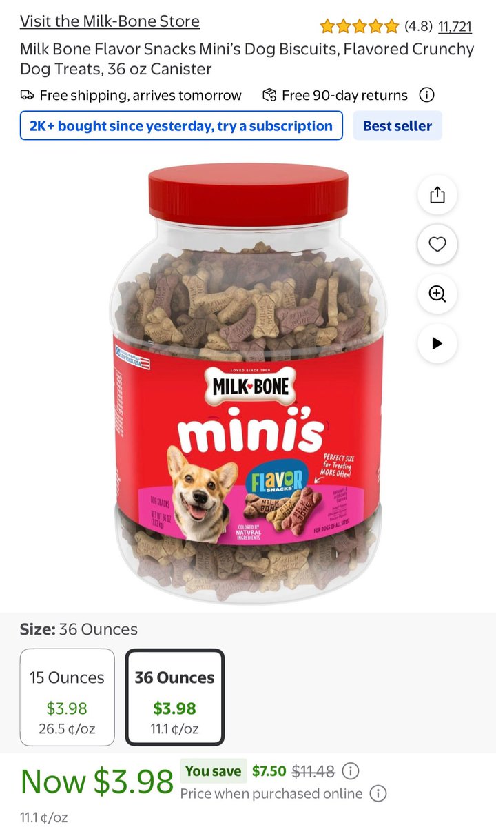 GlitchedDeals's tweet image. 36OZ DOG TREATS CANISTER FOR $3

Price dropped from $11 at Walmart on these Milk-Bone mini’s

For some reason, the 15oz is the same price as the 36oz

Free pickup or ships free for Walmart+ members

mavely.app.link/huWc9kZMj2b #ad
