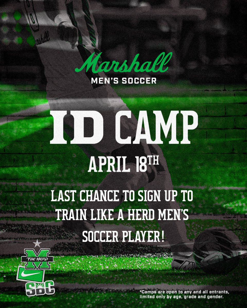 HerdMSoccer's tweet photo. Last chance to sign up for Saturday’s ID Camp!

Sign up here ➡️ https://t.co/yrGs4dnMyR

#WeAreMarshall https://t.co/GQQ3583cTC