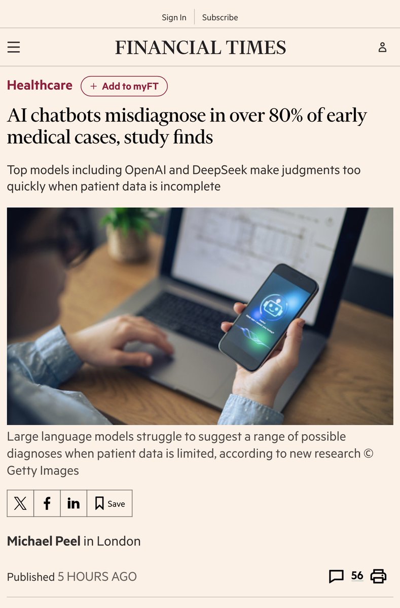 Mass General Brigham just published the largest clinical reasoning study of AI models ever. The FT headline says 80% misdiagnosis. The paper says 90%+ accuracy on final diagnosis. Both are true. The gap between those numbers is where all of medicine actually happens.

The study,