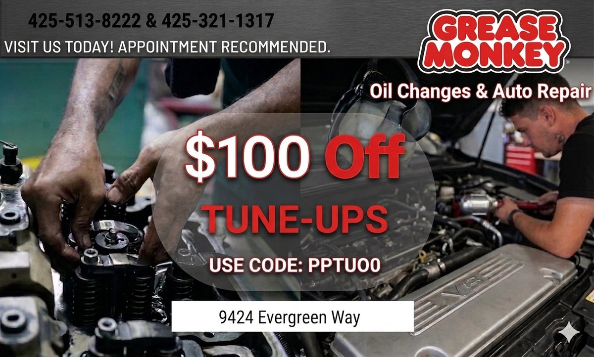GreaseMonkey942's tweet image. Is your car acting up? Give it the TLC it deserves without breaking the bank. 🐒🔧

Score $100 OFF Tune-Ups at Grease Monkey (9424 Evergreen Way) with code PPTUO0. Appointments recommended!

#GreaseMonkey #LocalDeals #AutoCare #TuneUpSpecial