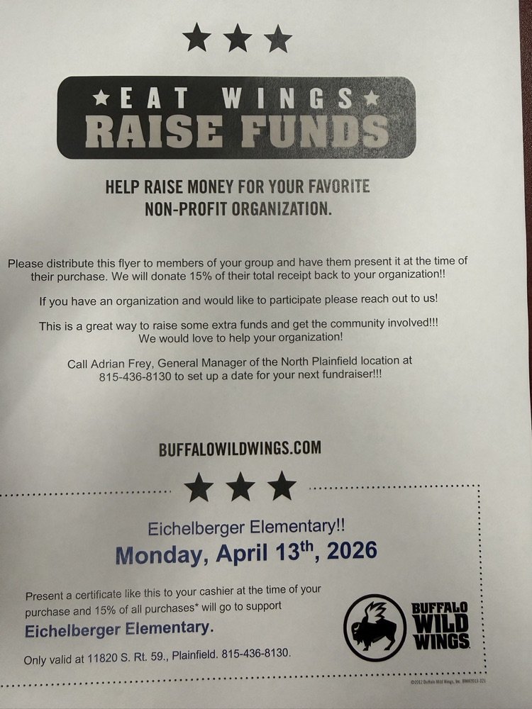 MrHarrisEE's tweet photo. Don't forget Buffalo Wild Wings fundraiser today on 119/59 in Plainfield! Come on out for dinner! Make sure you tell your server to give credit Eichelberger or show this flyer! https://t.co/I8IO0CHwkr