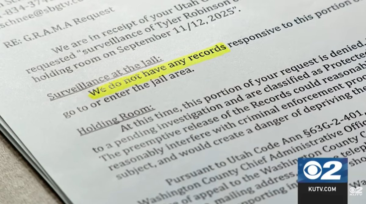 SteveCameronPr1's tweet photo. Too bad the surveillance video at Utah's Washington County Sheriff's Office of Tyler Robinson walking in and giving himself up has vanished, making it impossible to pinpoint the time he actually arrived there on September 11th, 2025. Court docs show he was mirandized at 6:25 PM https://t.co/hrlMHvW06o