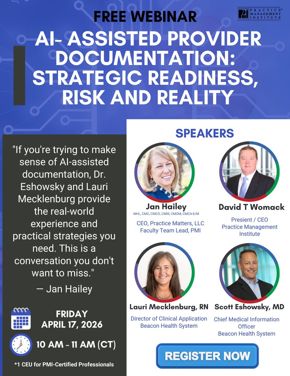 pmimd's tweet photo. "They know what works, what doesn't, & where the risks really are." – Jan Hailey🌟 If you're ready to move beyond the hype & into the reality of AI-Assisted Provider Documentation, this FREE WEBINAR is for you!
https://t.co/okE6uiLBX8
#PMI #AIDocumentation #HealthcareInnovation https://t.co/8LU8FVEKgL