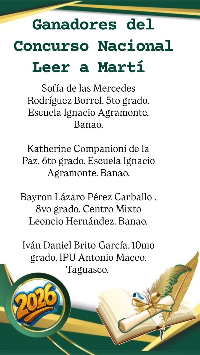 La provincia #SanctiSpíritusEnMarcha  obtuvo cuatro premios en la Edición XXVI del Concurso Nacional Leer a Martí. Muchas felicidades!!!