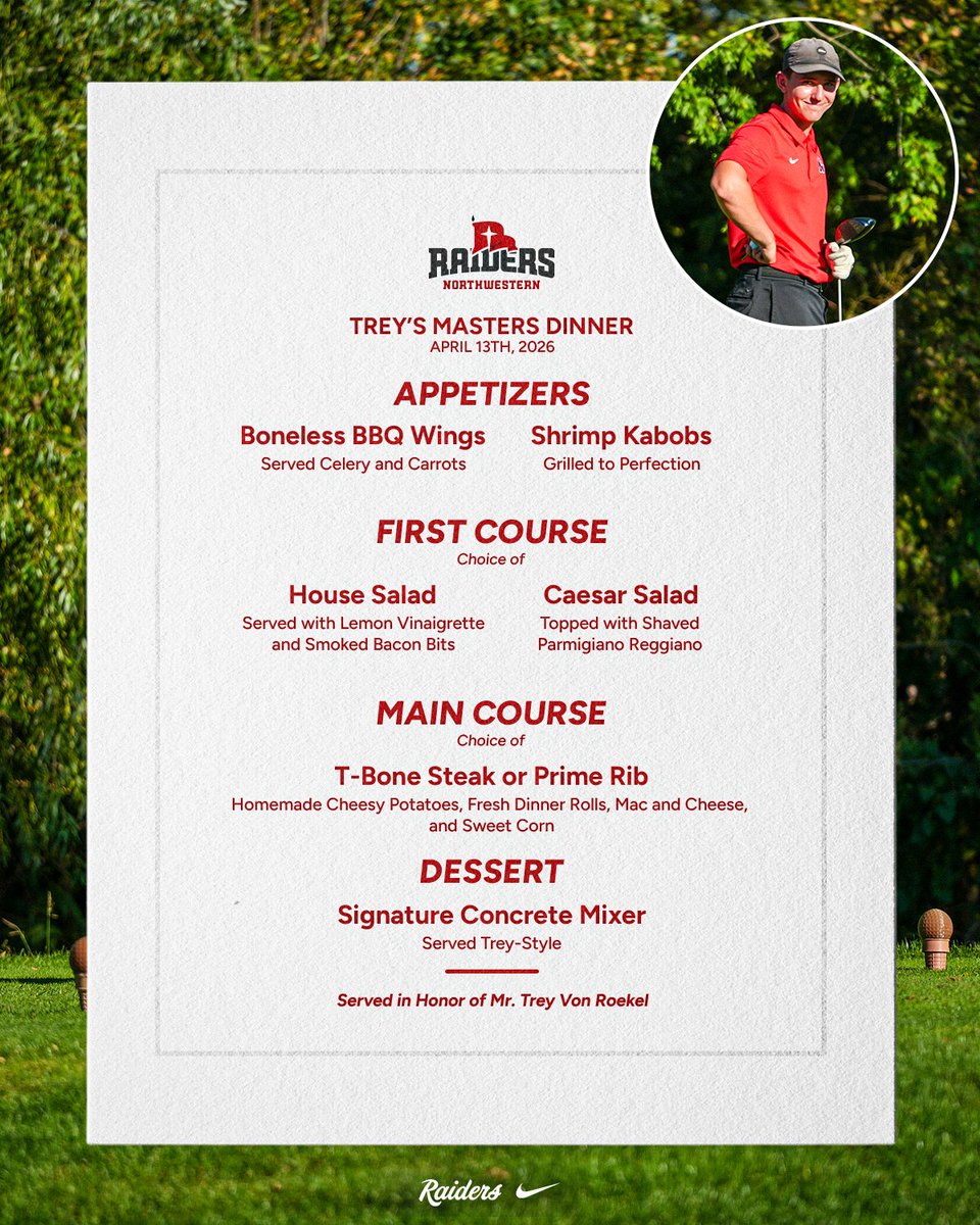 nwcraiders's tweet photo. What would our Raider golfers choose for their Champion's Dinner if they won the Masters?

#NWCRaiders | @nwcmgolf | @nwcwomensgolf https://t.co/IisXSjHU4F