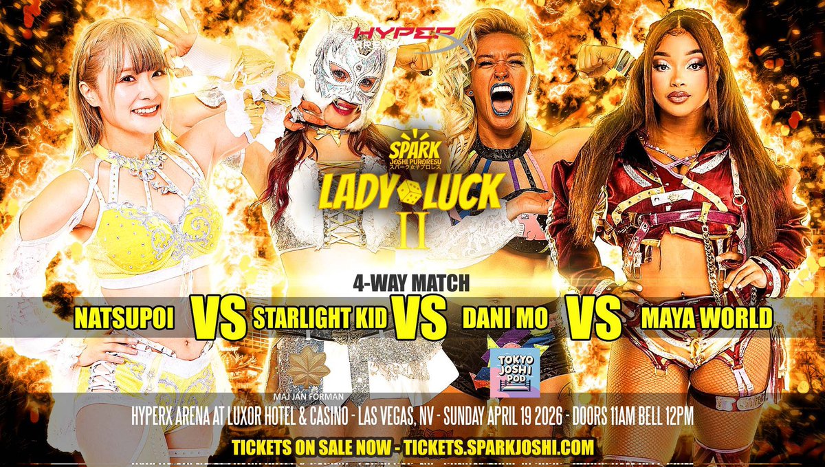 WOJwrestling's tweet image. STARDOM NEWS: Spark Joshi have announced an all-star four-way between Dani Mo, Maya World, Starlight Kid &amp;amp; Natsupoi for their 4/19 Las Vegas show Lady Luck II at Hyper X Arena!

#スターダム | #STARDOM | #joshi | @we_are_stardom | #SLK | #Natsupoi | @SparkJoshiPuro | #NEOGENESIS