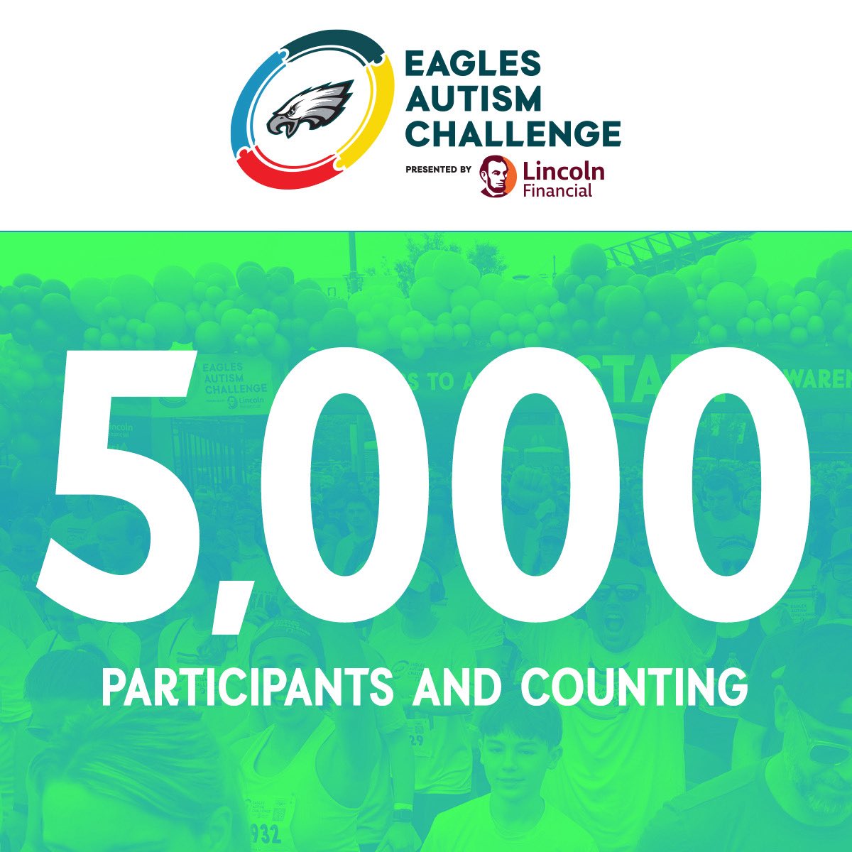 eaglesautism's tweet photo. 5,000 participants and counting, now all we need is YOU‼️

There is still plenty of time to sign up for the 2026 Eagles Autism Challenge on May 9! 

Use code Acceptance26 for free registration and sign up here: https://t.co/7B2bzINVF2 https://t.co/4cYwPcR45C