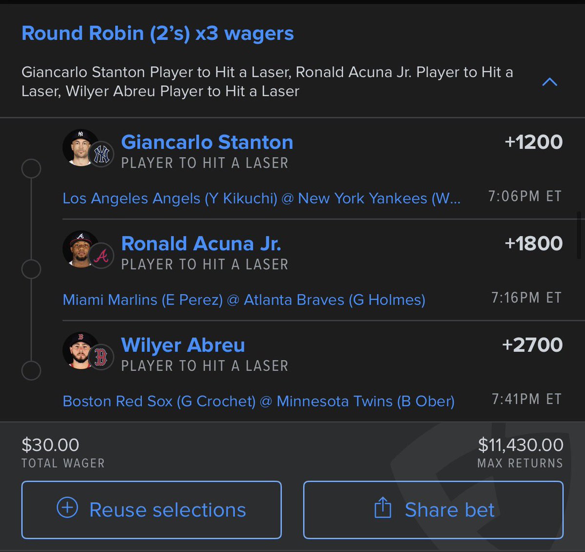 LittleFootLogic's tweet image. MLB 4.13 Laser donation

RRx2 .10u each #dumb
Parlay .10u #dumb

Used @UnjuicedApp exit velo page to find some dudes who can fire the laser. 1 laser donation a day keeps the account health at play.