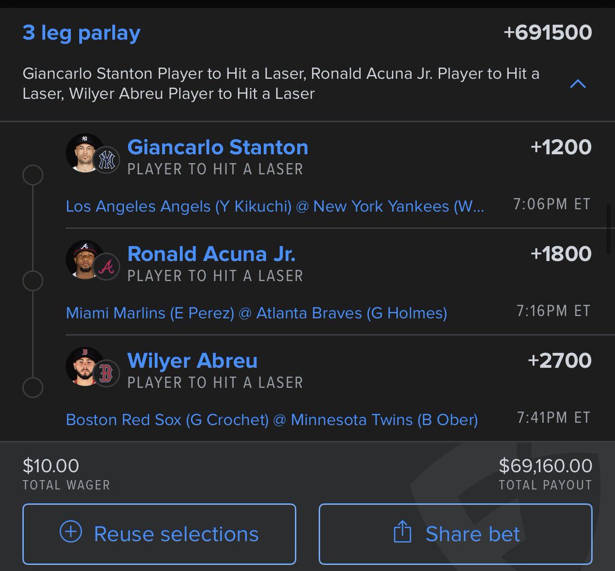LittleFootLogic's tweet image. MLB 4.13 Laser donation

RRx2 .10u each #dumb
Parlay .10u #dumb

Used @UnjuicedApp exit velo page to find some dudes who can fire the laser. 1 laser donation a day keeps the account health at play.