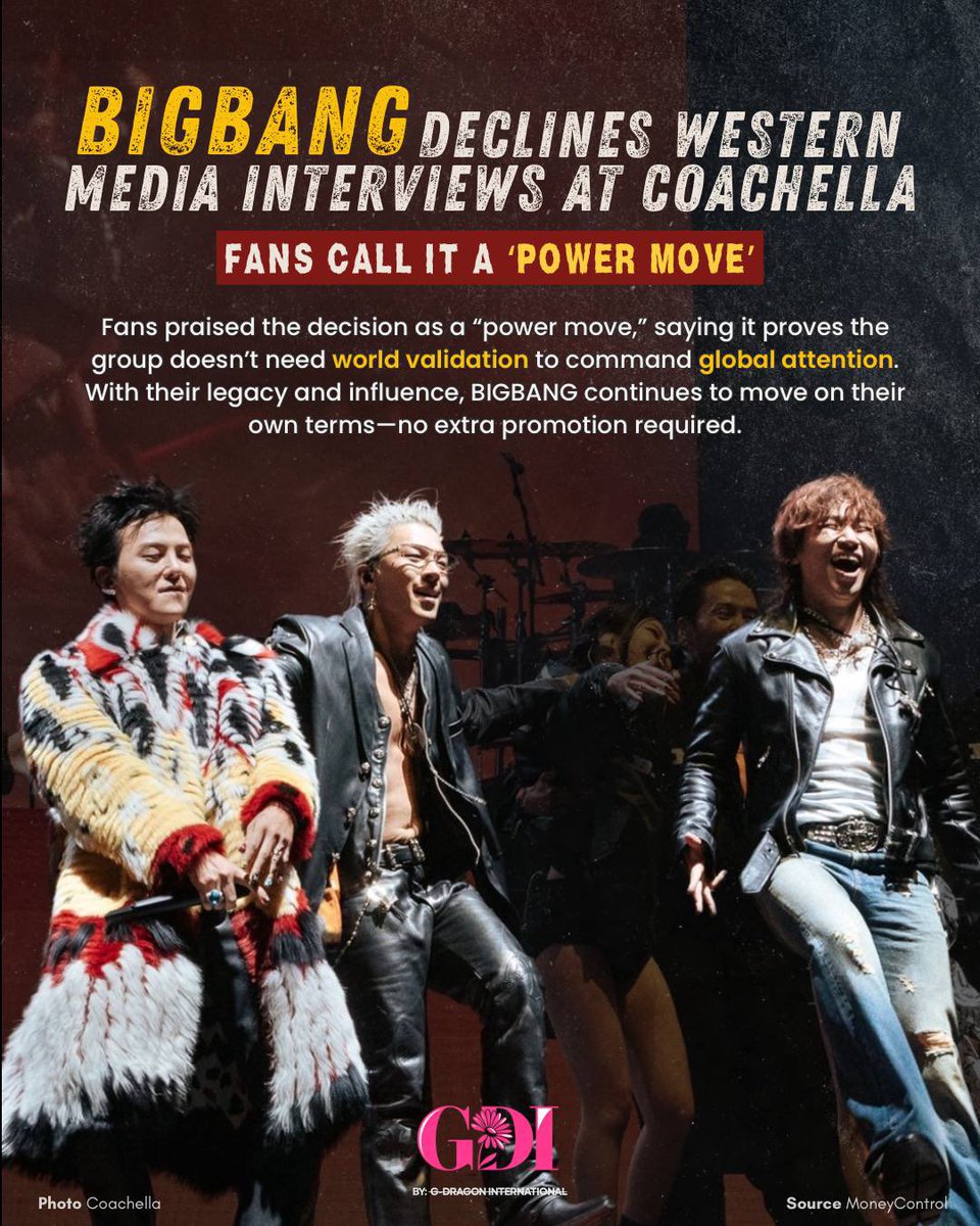 gdragonintl's tweet image. 📰 𝐆𝐃 𝐍𝐄𝐖𝐒 | moneycontrol.com

After BIGBANG’s explosive Coachella stage, the spotlight quickly shifted to G-Dragon.
A prominent journalist revealed that even requests from major outlets were declined—adding that G-Dragon personally turned down an interview request