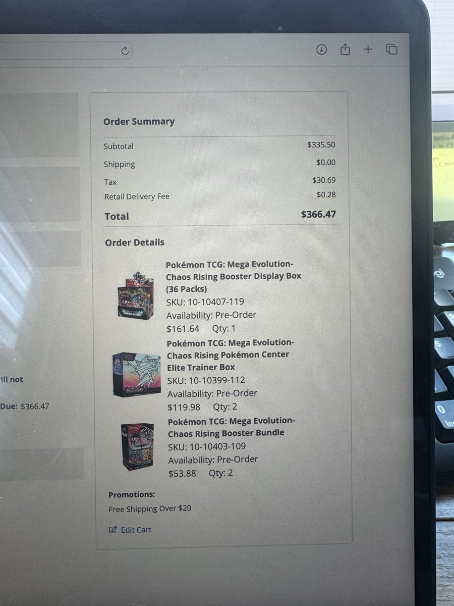 caseydlong's tweet photo. @PokemonRestocks Got kicked out at 8 minutes left in queue 10:20 mst. Waited another hour to get back in only for the page to refresh when I clicked the cart to finalize my order (lost the ETBs) and then got in 40 minutes later and got two bundles and a box. What a roller coaster. https://t.co/fNBrh0wUvo