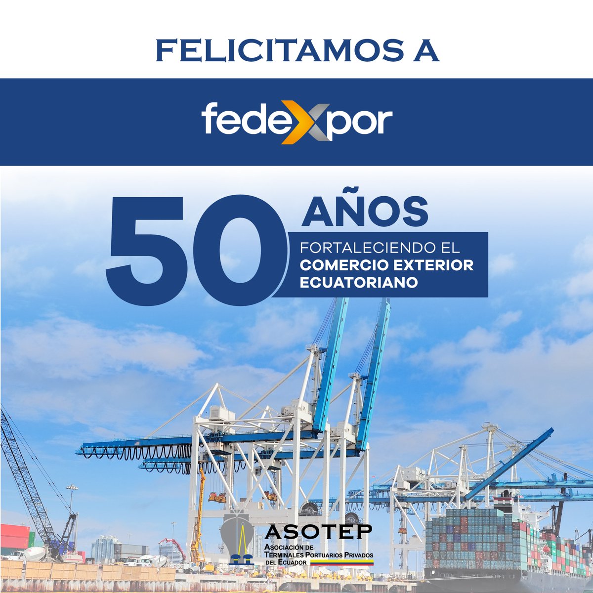 Asotep_ec's tweet photo. 50 años promoviendo la oferta exportable del Ecuador al mundo 🌎

Felicitamos a @Fedexpor  por medio siglo de trabajo, visión y compromiso.

Un gremio clave en la apertura de mercados y en la representación del sector exportador ecuatoriano, impulsando la internacionalización de la producción nacional.

Destacamos su rol en la articulación del sector exportador con el sistema logístico-portuario, determinante para la competitividad del Ecuador.

Nos honra ser parte de este esfuerzo conjunto 🇪🇨

#Fedexpor #Aniversario