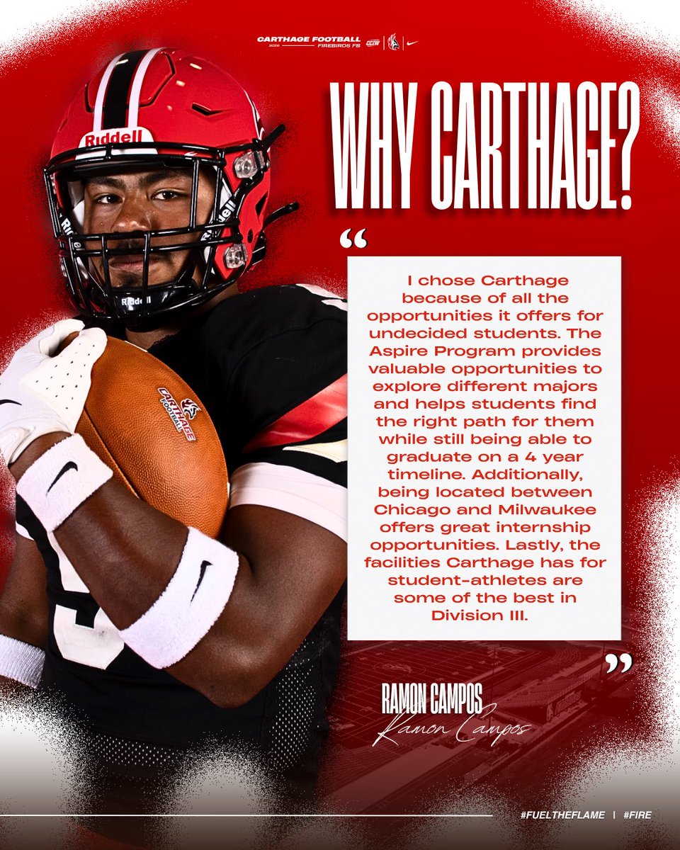 Firebirds_FB's tweet image. Why Carthage? The opportunities speak for themselves. 🔥

See why junior linebacker Ramon Campos chose Carthage and why it could be the right place for you too!

#FIRE // #FuelTheFlame