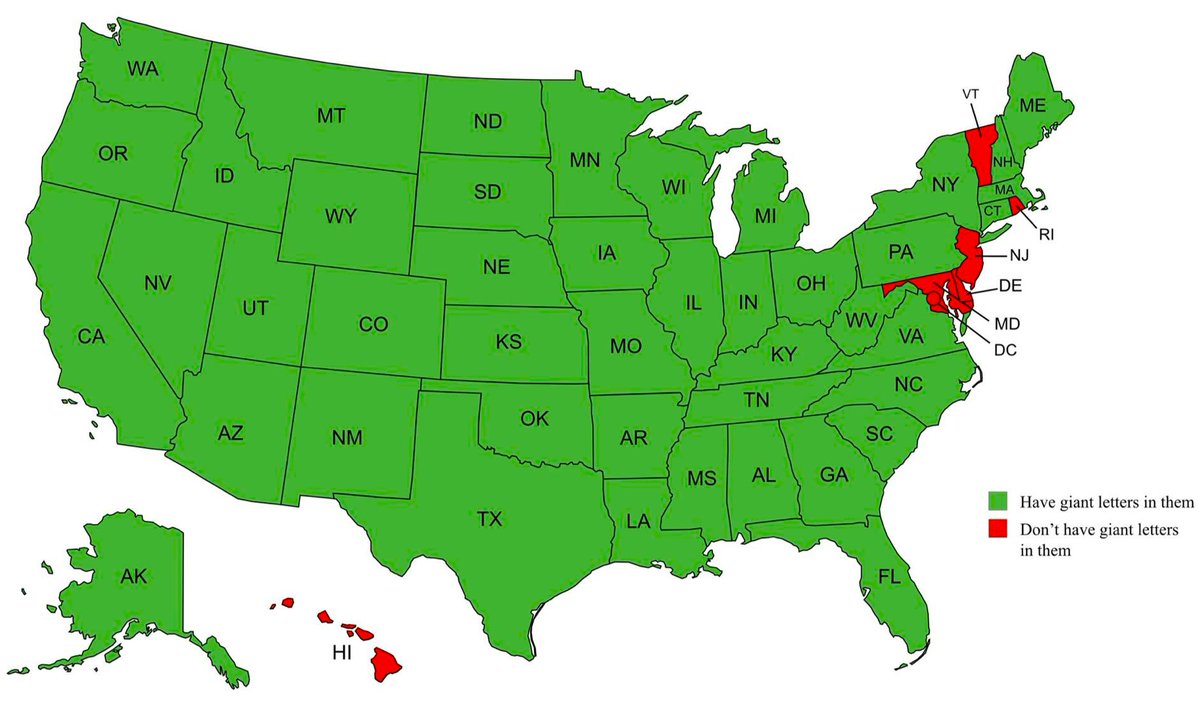 TerribleMaps's tweet image. Map showing which U.S. states contain giant letters