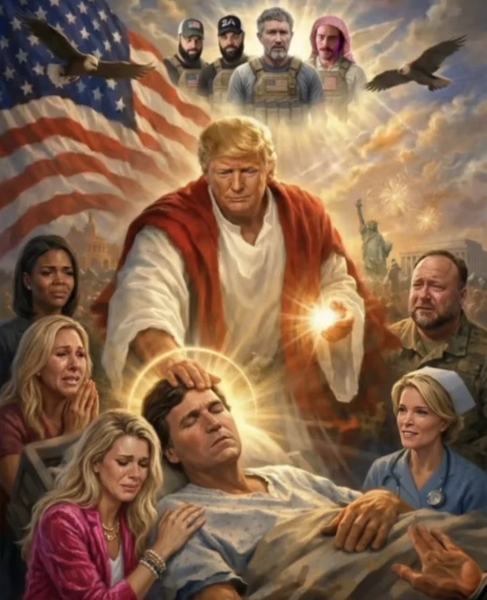 tigerlilyfrost1's tweet image. President Trump depicted as a "healer." A Healer of the Nation. But you can interpret this image, however you want. President Trump NEVER depicted himself as Jesus Christ. #MAGA #RIPCharlieKirk #WeMissYouCharlie #CandaceOwens #AlexJones #MegynKelly #ErikaKirk #MTG #HodgeTwins