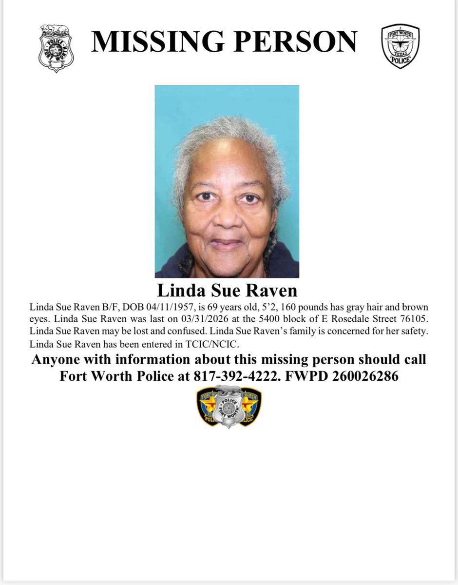 fortworthpd's tweet photo. Missing Person 
Linda Sue Raven B/F, DOB 04/11/1957, is 69 years old, 5’2, 160 pounds has gray hair and brown eyes. Anyone with information about this missing person should call
Fort Worth Police at 817-392-4222. FWPD 26002628 https://t.co/U0v17nll3D