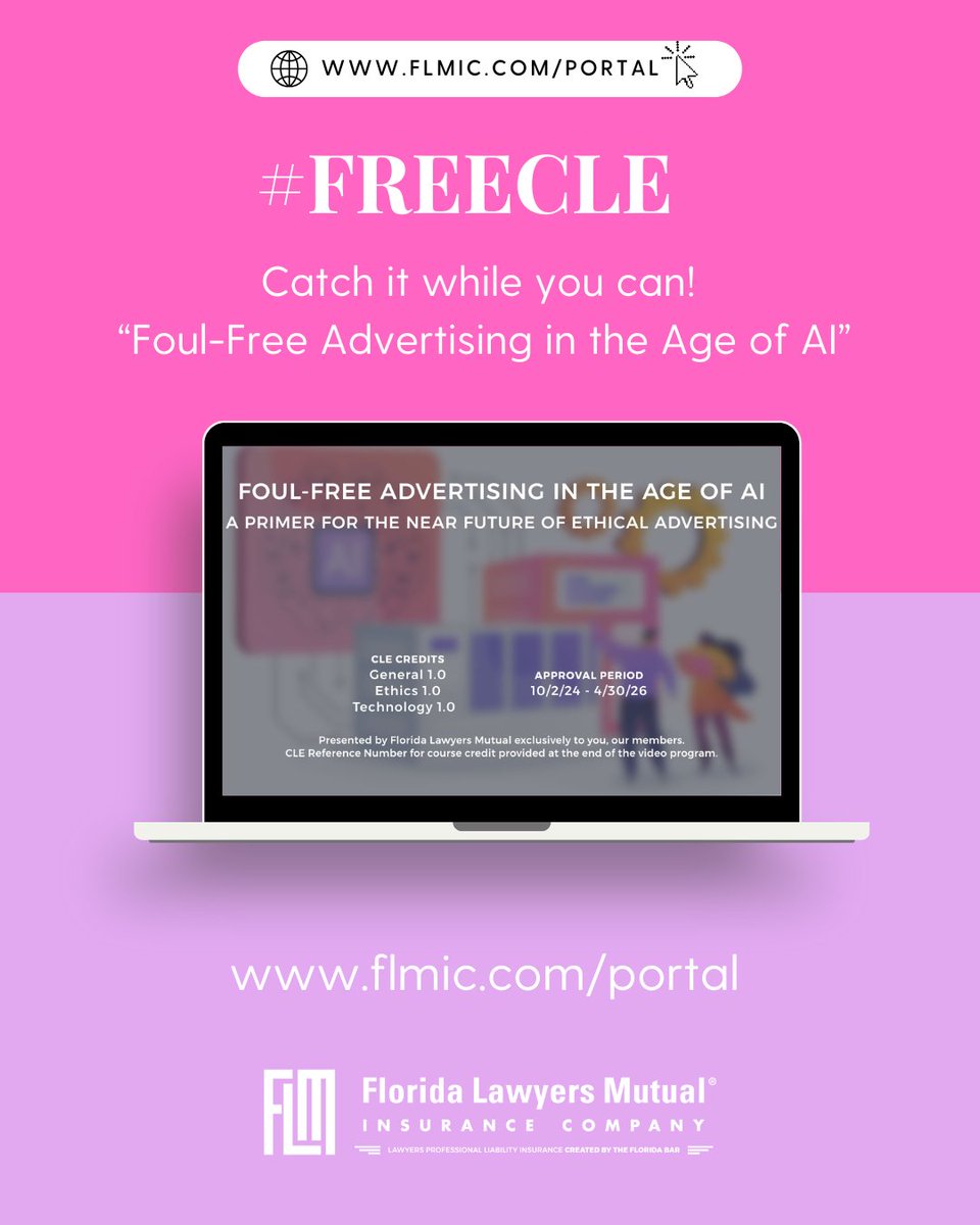 FLMIC's tweet photo. #FREECLE Catch it while you can! Our two programs "Mediation Mastery &amp; Avoiding Malpractice"  &amp; "Foul-Free Advertising in the Age of AI" are streaming until the end of this month. Stream now in your member-exclusive portal: https://t.co/7aZMzuDuUF, https://t.co/qTBzNiRDsQ