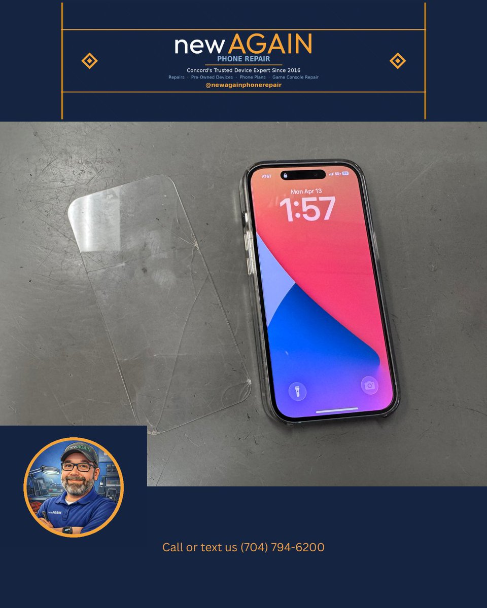 newagainconcord's tweet image. Customer paid for an iPhone 15 screen repair.  Turned out it was just the screen protector.  Replaced the tempered glass. Refunded the difference. Sent them home happy.  How many shops would do that?  📍 newAGAIN Phone Repair | Concord, NC
#ConcordNC #newAGAIN #iPhoneRepair