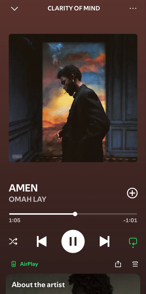 Difficult to choose but AMEN is my current favorite song on #CLARITYOFMIND <a href="/Omah_Lay/">Omah Lay</a> dropped my prayer point as a jam 😭🔥