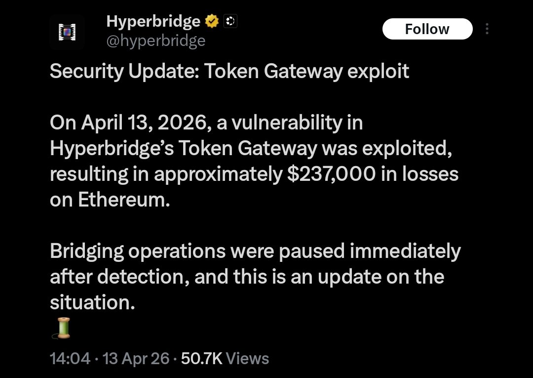 LeonardJ_24's tweet image. Hyperbridge said ‘unhackable’
11 days later, $237K gone 💀

This tweet didn’t age well 😂😂