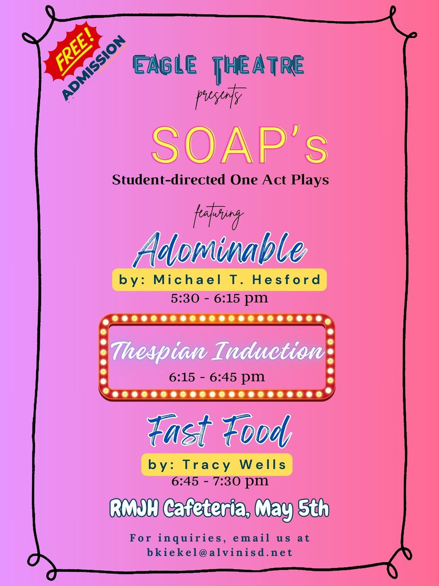 🦅🎭 Support your student-directors, Julie, Teesa, and Keturah on May 5th. Their cast and crew have been working hard. Induction will take place after the 1st play. Admission is FREE!