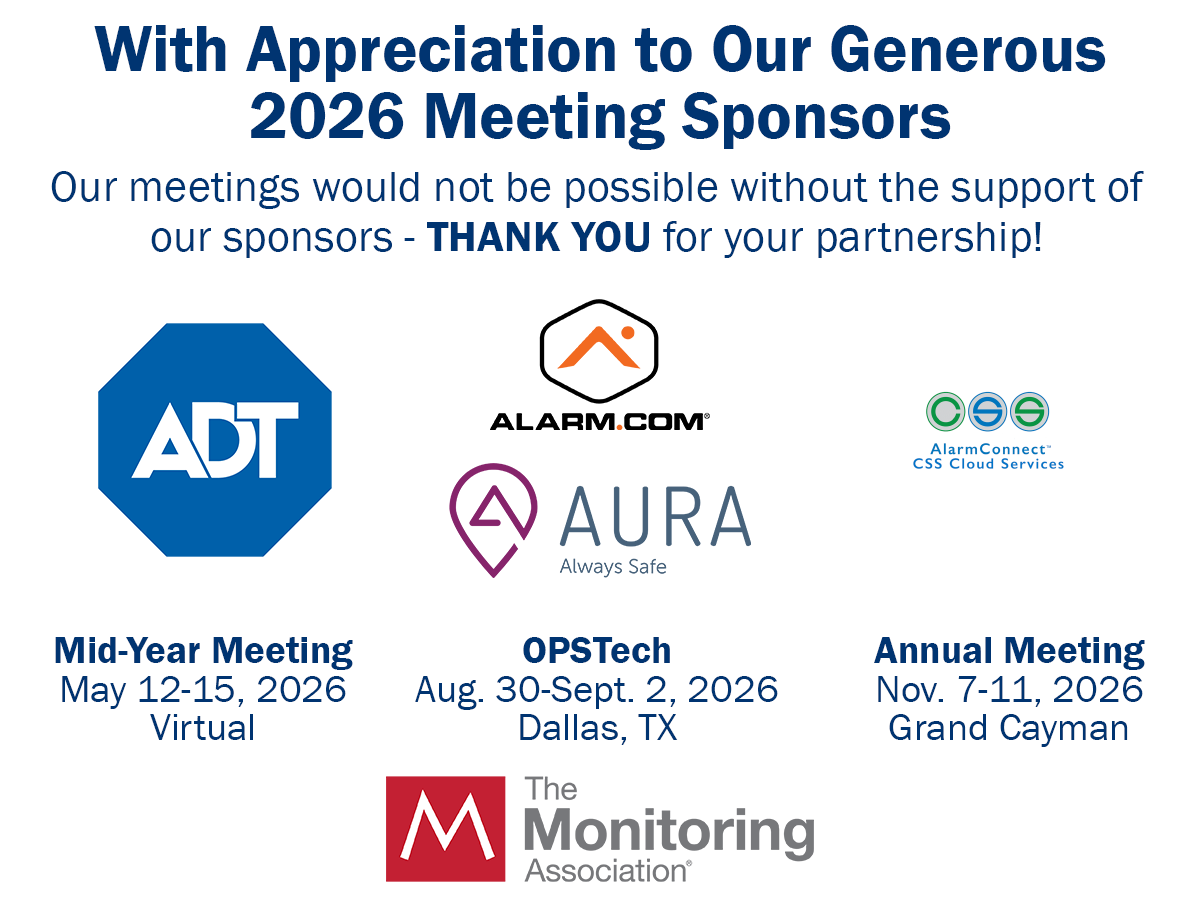MonitoringAssoc's tweet photo. A huge THANK YOU to our incredible members and newest annual sponsors @ADT , https://t.co/Je9MeQeEyr, @Aurasosinc, and @comm_serv for their generous support of our 2026 meetings! Register now to attend TMA's Virtual Mid-Year Meeting, 5/12-15. https://t.co/qP0BZT8Mlg https://t.co/JS9B3XtAPv